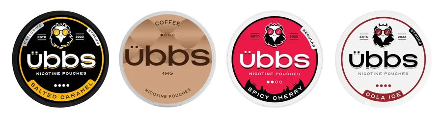 Official UBBS nicotine pouch cans: Salted Caramel, Coffee and Spicy Cherry above Cola Ice, Watermelon and Cherry
