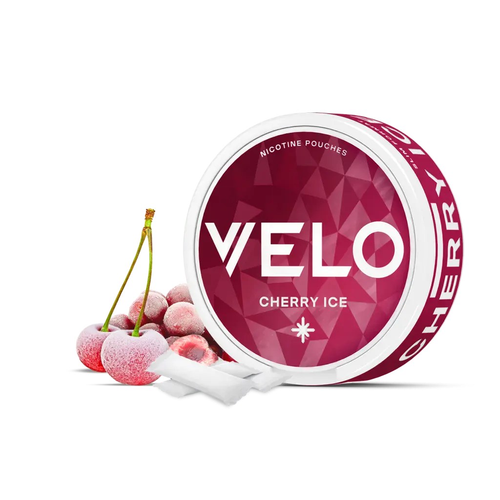 Official VELO Cherry Ice nicotine pouches slim can with fresh cherries, ice and white slim pouches