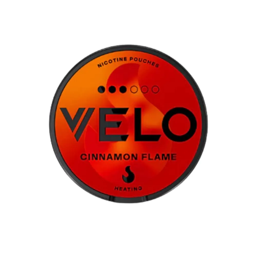 Official VELO Cinnamon Flame nicotine pouches can in orange and red showing three filled dots and the heating flame mark
