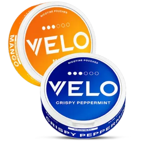 VELO Crispy Peppermint blue can beside a VELO Mango can, showing three filled strength dots and the Original tier band on the peppermint nicotine pouches