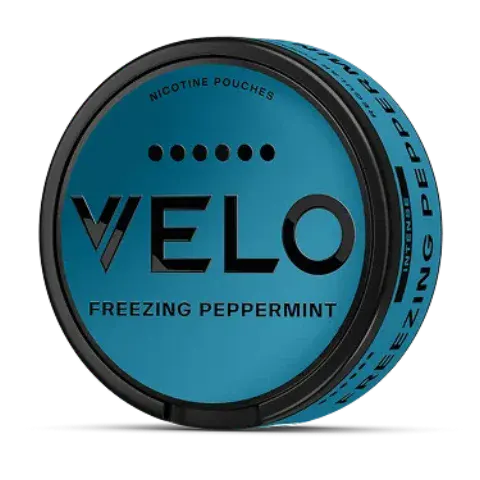 VELO Freezing Peppermint nicotine pouches can in teal, showing six strength dots and the INTENSE band for the 17mg slim pouches