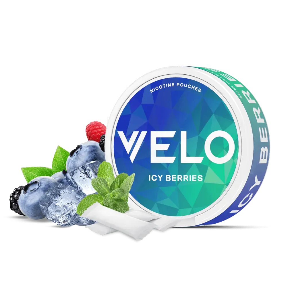 Official VELO Icy Berries nicotine pouches slim can with blueberries, blackberries, ice and mint leaves