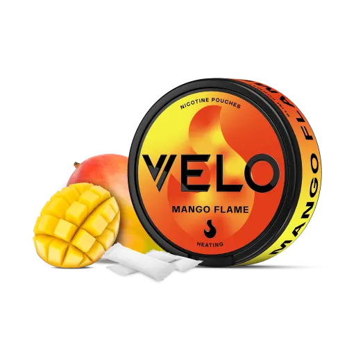 VELO Mango Flame nicotine pouches can in orange and red with the heating flame marking, shown with fresh mango and slim white pouches