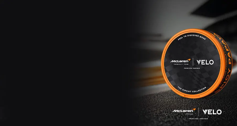 Official VELO McLaren Formula 1 Circuit Collection limited edition nicotine pouch can on a race track