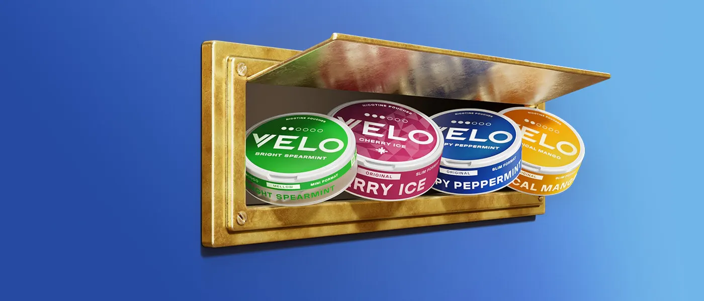 Official VELO campaign banner showing four nicotine pouch cans with their dot strength gauges and mini and slim format labels