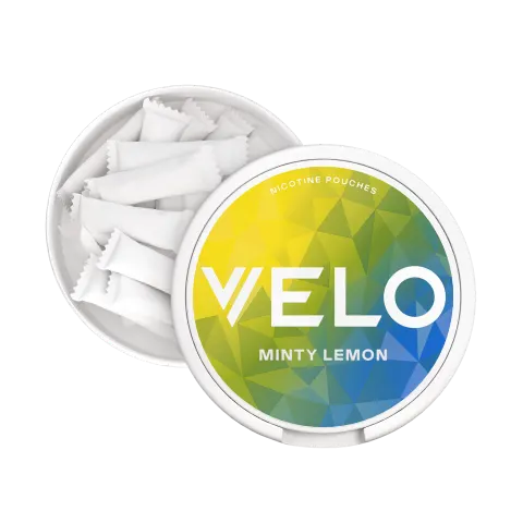 Open VELO Minty Lemon can showing the slim white tobacco-free nicotine pouches and the catch lid compartment