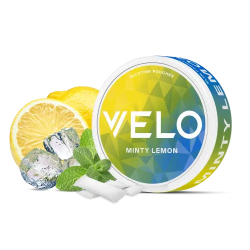 VELO Minty Lemon nicotine pouches can in yellow and blue, shown with a lemon slice, ice cubes, mint leaves and slim white pouches