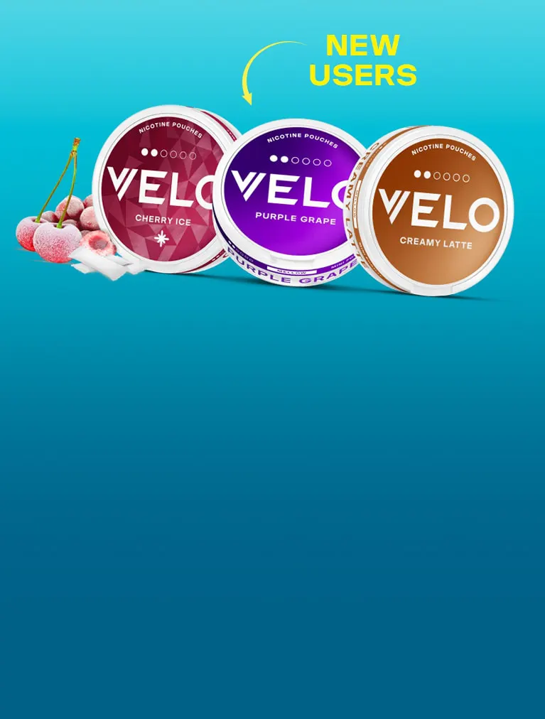 Official VELO new users campaign banner showing three two-dot mellow nicotine pouch cans