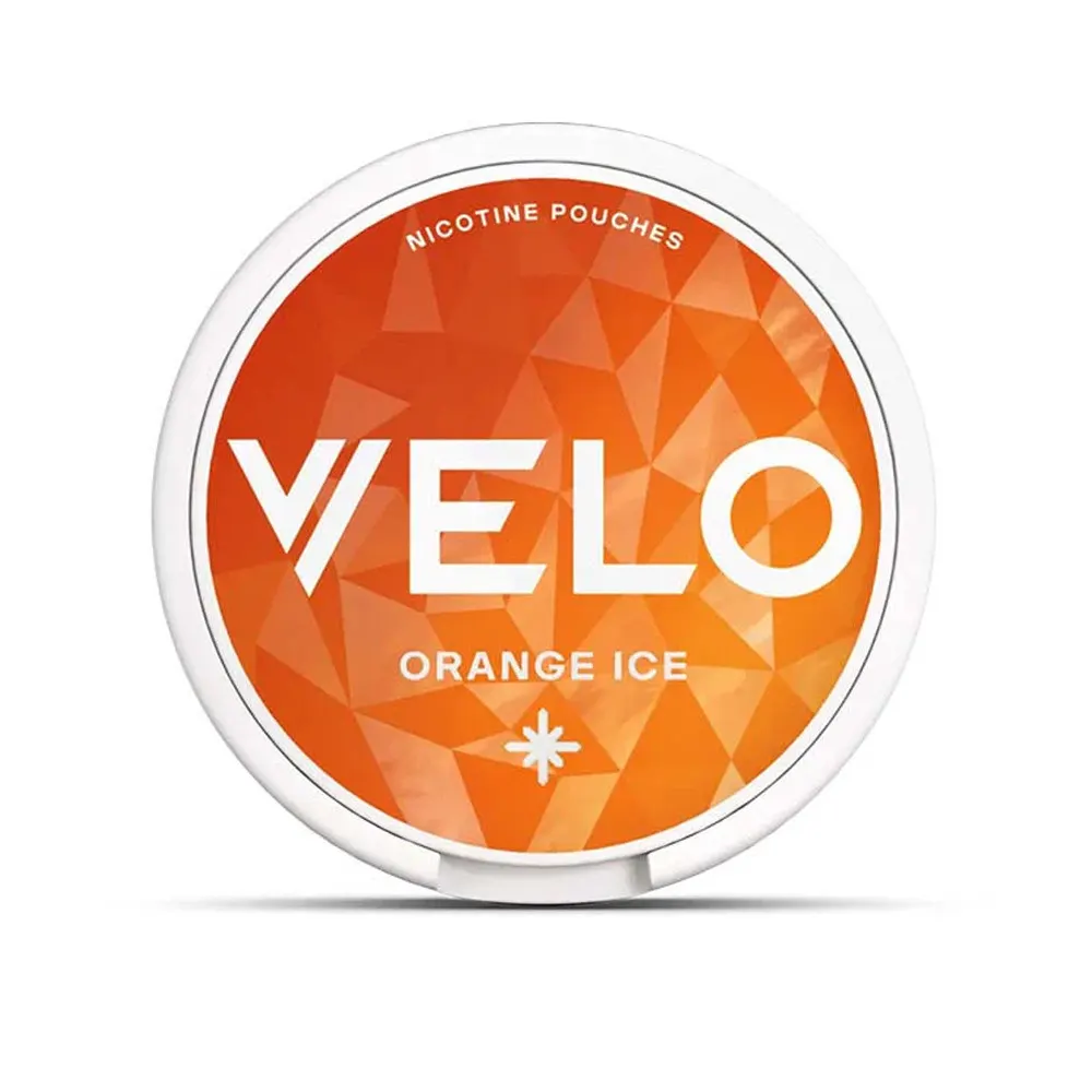 Official VELO Orange Ice nicotine pouches slim can in orange with the frost symbol on the lid