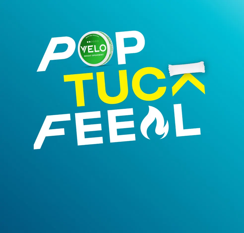 Official VELO pop tuck feel poster showing the three steps of using a nicotine pouch under the top lip