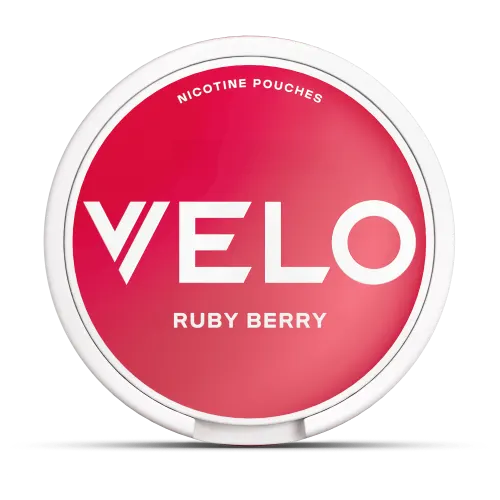 VELO Ruby Berry nicotine pouches can, red and pink slim can of tobacco-free strawberry and raspberry pouches