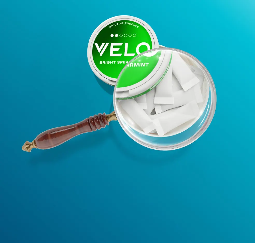 Official VELO campaign banner with an open can of slim nicotine pouches viewed through a magnifying glass