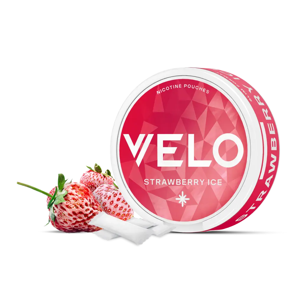Official VELO Strawberry Ice nicotine pouches slim can with fresh strawberries and white slim pouches