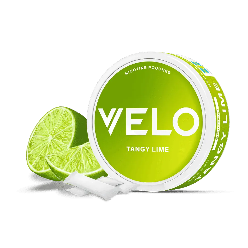 Official VELO Tangy Lime nicotine pouches slim can with fresh cut limes and white slim pouches