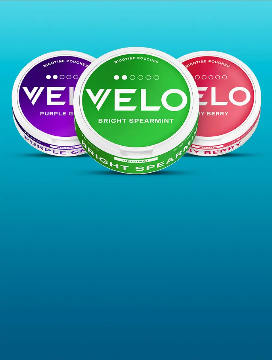 Official VELO poster showing three nicotine pouch cans with the dot strength system, from mild four milligram to seventeen milligram extra strong
