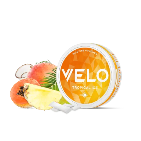 VELO Tropical Ice mini can, the smaller 6mg format of the tropical fruit nicotine pouches, shown beside pineapple and coconut