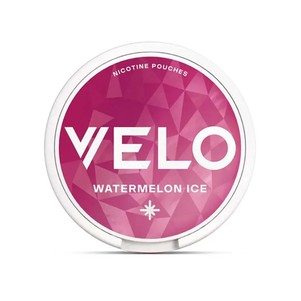 Official VELO Watermelon Ice nicotine pouches slim can in pink with the frost symbol on the lid