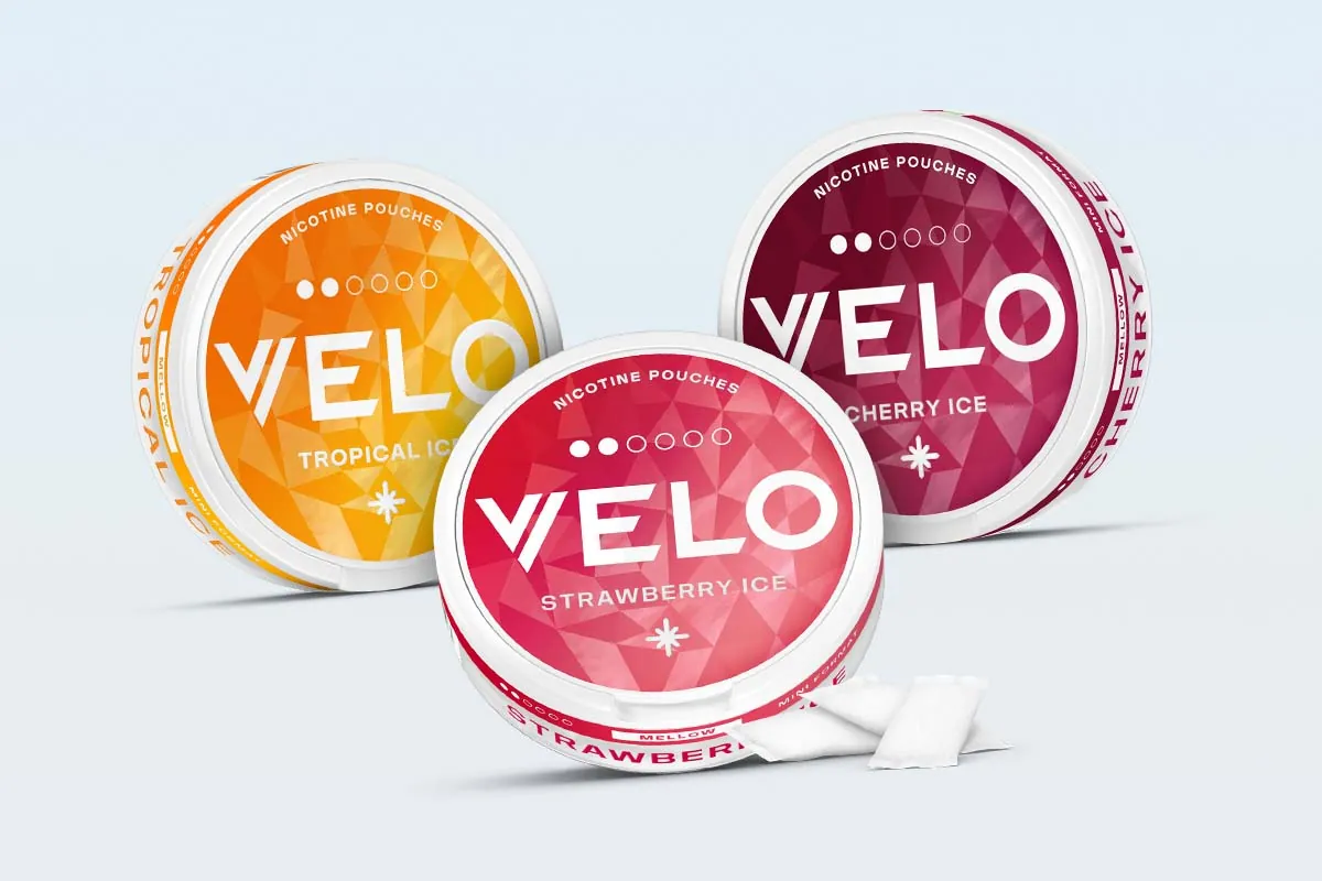 VELO fruity nicotine pouches: Tropical Ice, Strawberry Ice and Cherry Ice cans