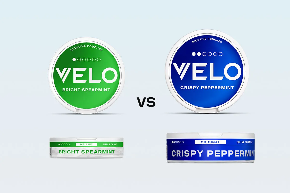 VELO Mini vs Slim: a Bright Spearmint Mini can beside a larger Crispy Peppermint Slim can