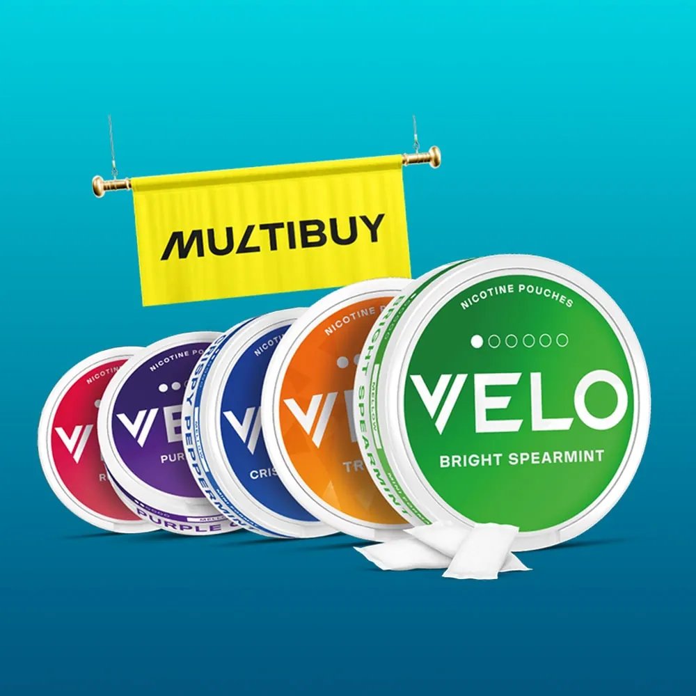 VELO multibuy: a row of mixed-flavour VELO nicotine pouch cans under a yellow Multibuy banner