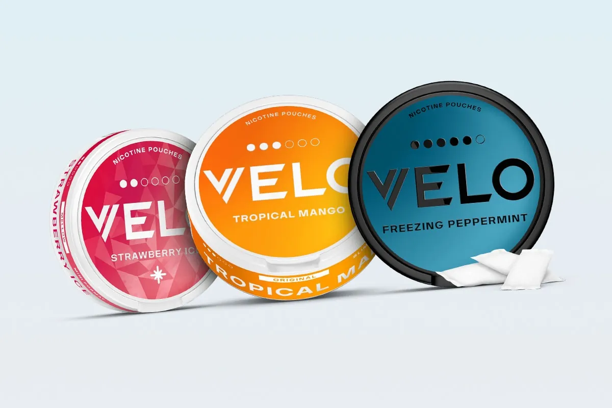 Choosing a VELO strength: Strawberry Ice, Tropical Mango and Freezing Peppermint cans with rising dot counts