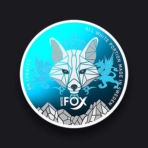 Official White Fox can render from Swedish Smokeless Solutions, the crowned fox logo on a teal lid printed GN Tobacco, All White Portion, Made in Sweden