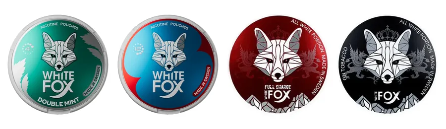 Official White Fox nicotine pouch cans: Double Mint, Peppered Mint and Mint on the newer lids above Full Charge and Black on the classic crowned-fox lids