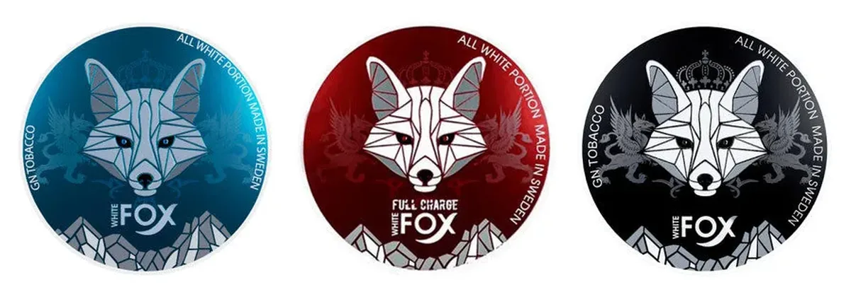 Official White Fox classic crowned-fox lids: Spearmint in teal, Full Charge in red and Black, none printing a strength figure