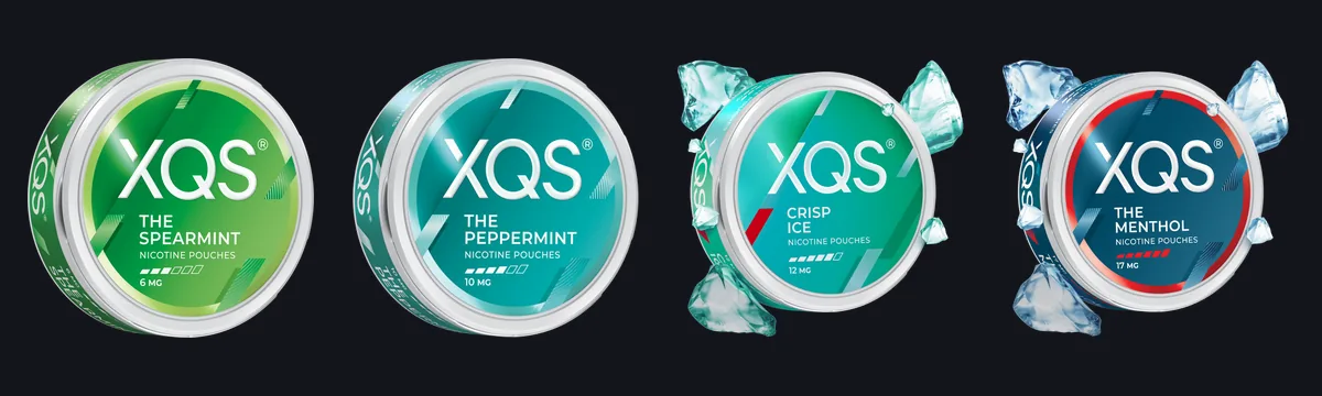 Four XQS cans side by side showing the six-bar strength row: The Spearmint 6mg with three bars, The Peppermint 10mg with four, Crisp Ice 12mg with five and The Menthol 17mg with all six