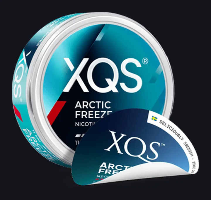 XQS Arctic Freeze 11mg nicotine pouches can, the Extra Strong peppermint with five of six bars on the lid