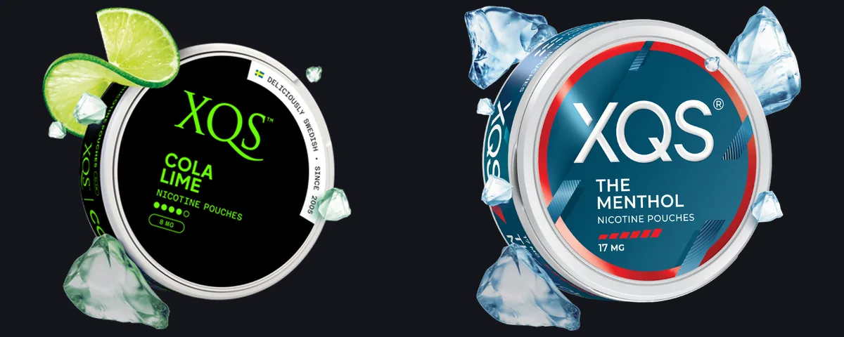An older black XQS Cola Lime can with a five-dot strength row next to a current XQS The Menthol can with a six-bar strength row