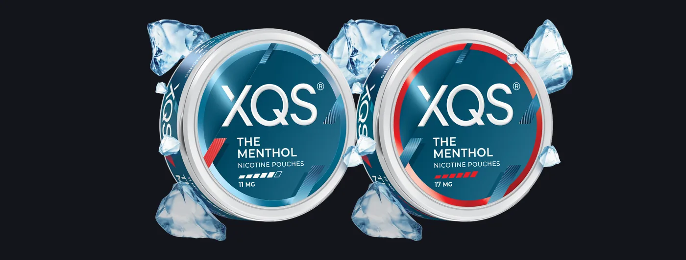XQS The Menthol nicotine pouches banner: the 11mg can with five of six bars and the 17mg can with all six bars on the lid
