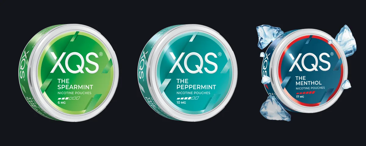 The XQS 2026 mint line side by side: The Spearmint 6mg with three bars, The Peppermint 10mg with four bars and The Menthol 17mg with six bars