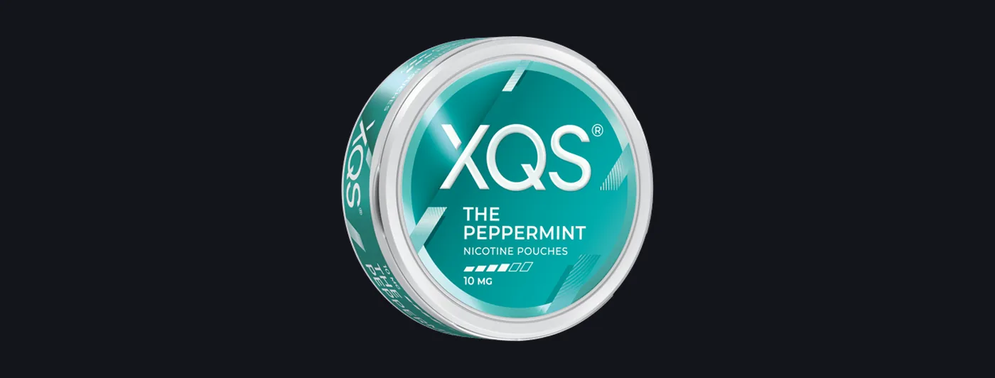 XQS The Peppermint 10mg nicotine pouches banner with the teal can showing four of six bars on the lid