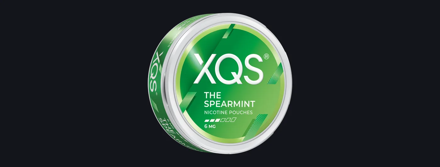 XQS The Spearmint 6mg nicotine pouches banner with the green can showing three of six bars on the lid