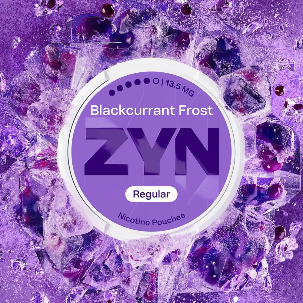 Official ZYN Blackcurrant Frost nicotine pouches Regular 13.5mg can on frosted ice and dark berries