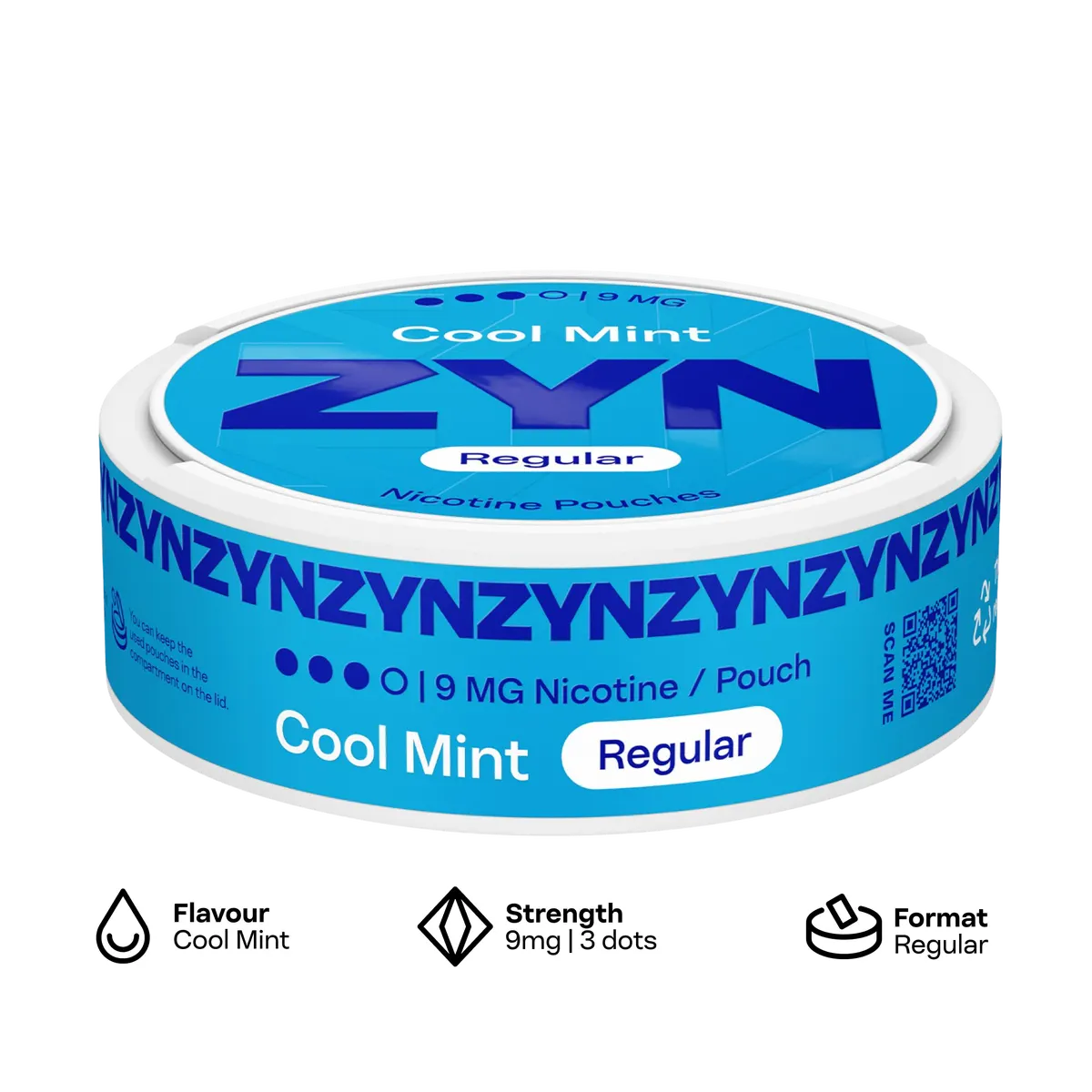ZYN Cool Mint nicotine pouch can, official ZYN UK product render showing the flavour band and on-can strength dots