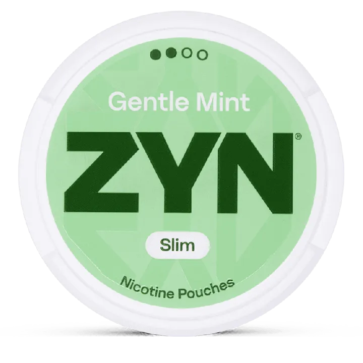 ZYN Gentle Mint nicotine pouches can, tobacco-free slim and mini spearmint vanilla pouches