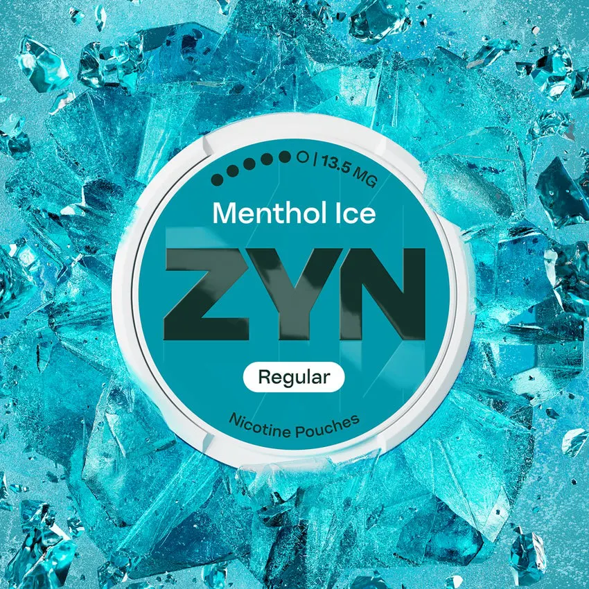 ZYN Menthol Ice 13.5mg nicotine pouches can on ice, official ZYN UK banner imagery for the strongest stocked ZYN