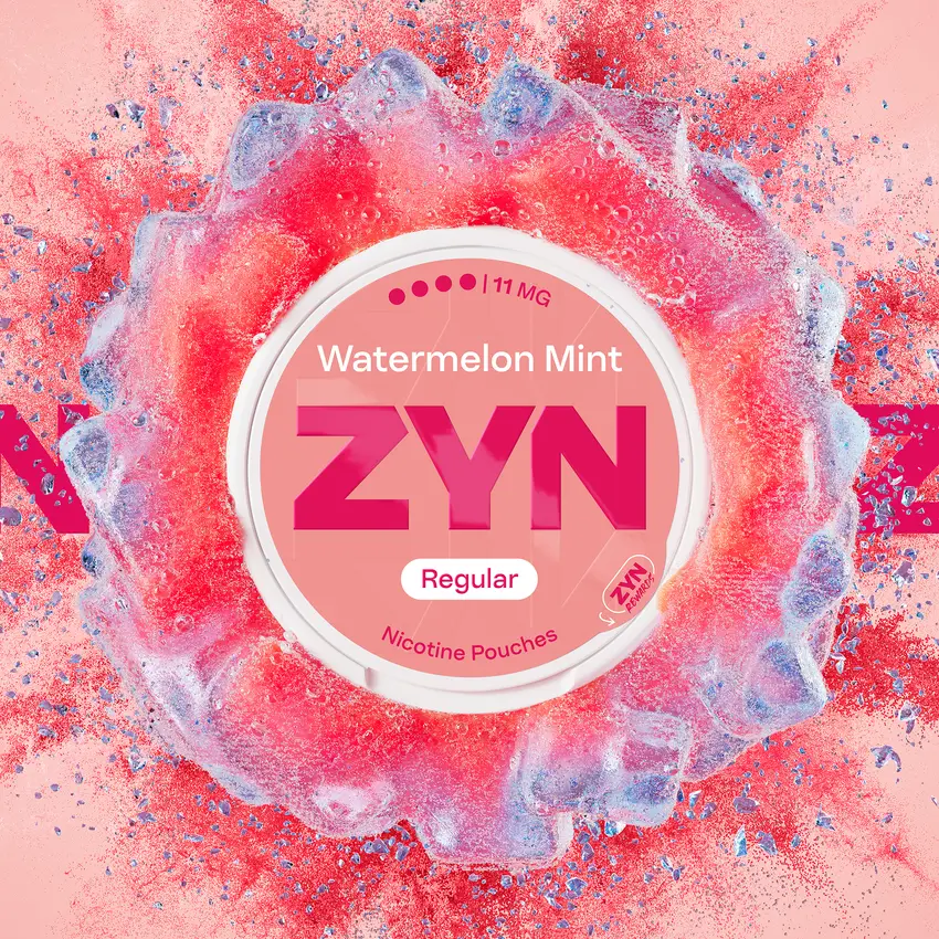Official ZYN Watermelon Mint 11mg banner, four-dot Regular can in a watermelon and ice splash