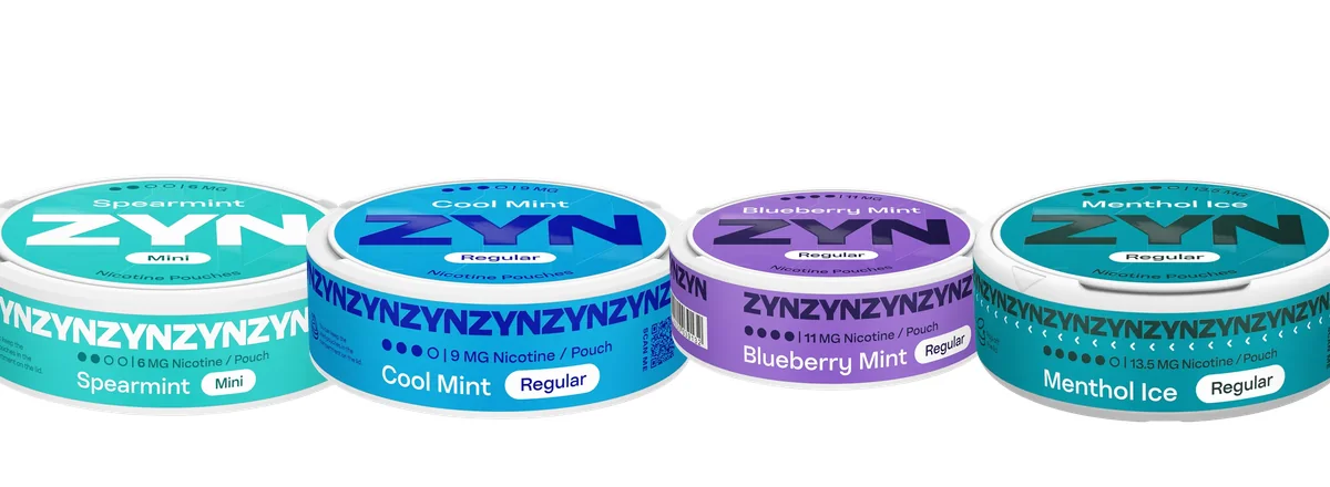 Four ZYN cans side by side showing the dot row on the lid: Spearmint 6mg Mini with two dots, Cool Mint 9mg Regular with three, Blueberry Mint 11mg Regular with four and Menthol Ice 13.5mg Regular with five